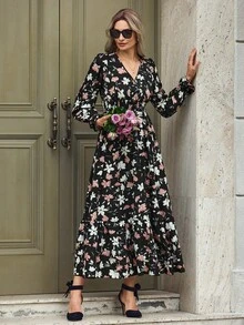 EMERY ROSE Vestido largo con estampado floral, mangas de volantes y bajo con volantes para mujer