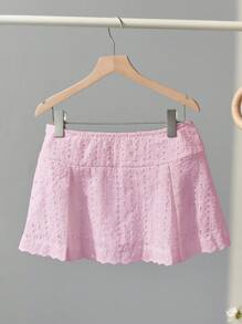 Elamini White Lace Patchwork Decor Mini Low-Waist Hollow Embroidered Fabric Chic & Versatile Spring/Summer Super Skirt Shorts - Pink - View 1