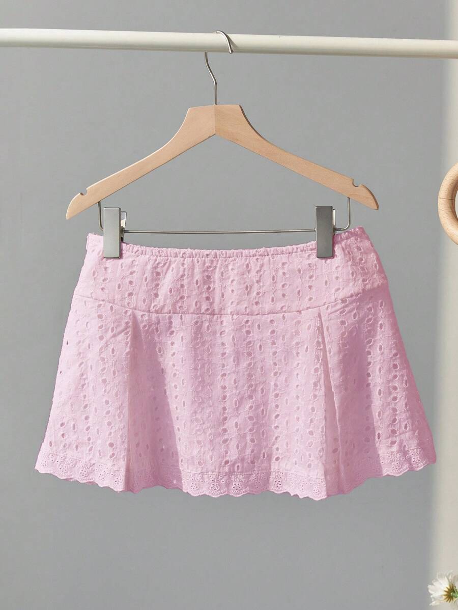 Elamini White Lace Patchwork Decor Mini Low-Waist Hollow Embroidered Fabric Chic & Versatile Spring/Summer Super Skirt Shorts - Pink - View 1