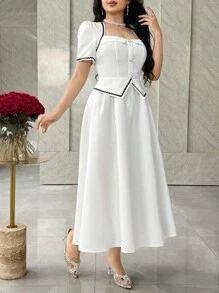 Feyla Vestido midi elegante de mujer con cuello de ojo de cerradura, mangas abultadas y cinta de contraste en la cintura