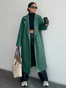 女士休闲纯色双排扣大衣，秋冬 - 墨綠色 - 查看 1