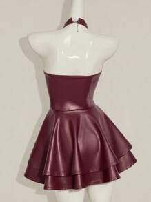SHEIN ICON Y2k Women's Going Out Goth Burgundy Halter Fashionable Gyaru Concert Women Outfit Club Party Festival Rave Outfit Cross Strap Sexy Fashion Street Goth Style PU Leather Lace-Up Backless Mini Dress - Burgundy - View 2