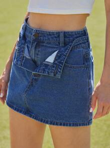 WESTFADE Double Layer Foldover Waist 91% Cotton Denim Mini Skirt Back To School Cute Fall - Medium Wash - View 5