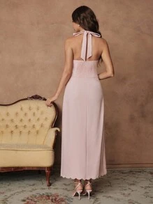 SHEIN Unity Váy dài ôm sát thêu hoa thanh lịch, khoét sâu màu hồng phấn, buộc dây, váy dự tiệc cưới, váy tiên, trễ vai - Hồng - Xem 2