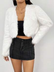 SHEIN PETITE Áo khoác nữ dáng dài tay hở phía trước màu trơn lông thú giả đi nghỉ mát Áo khoác thông thường cho nữ Áo khoác trắng Áo khoác crop top Áo khoác lông ngắn Áo khoác lông Quần áo thu đông cho nữ - trắng - Xem 3