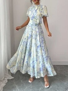 Modelyn Váy xòe cổ bèo buộc eo tay bồng cho nữ - Màu xanh lam - Xem 1