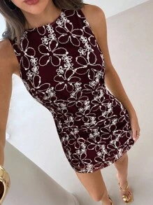 Aloruh 女士性感露背刺绣雪纺迷你连衣裙，A 字紧身廓形，适合春夏季度假 - 酒紅色 - 查看 6