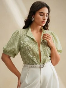 Anewsta Áo cánh tay phồng màu xanh lá cây đính cườm và đá pha lê thủ công thanh lịch dành cho nữ cỡ lớn - Màu xanh Cadet - Xem 4
