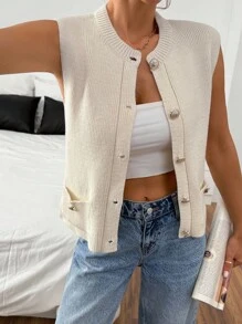 EURMUSE Women Solid Color Front Button Pocket Detailed Sweater Vest - Beige - View 7