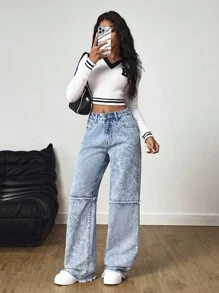 SHEIN Tall Printed Patchwork Light Wash Distressed Wide Leg Jeans - Light Wash - View 1