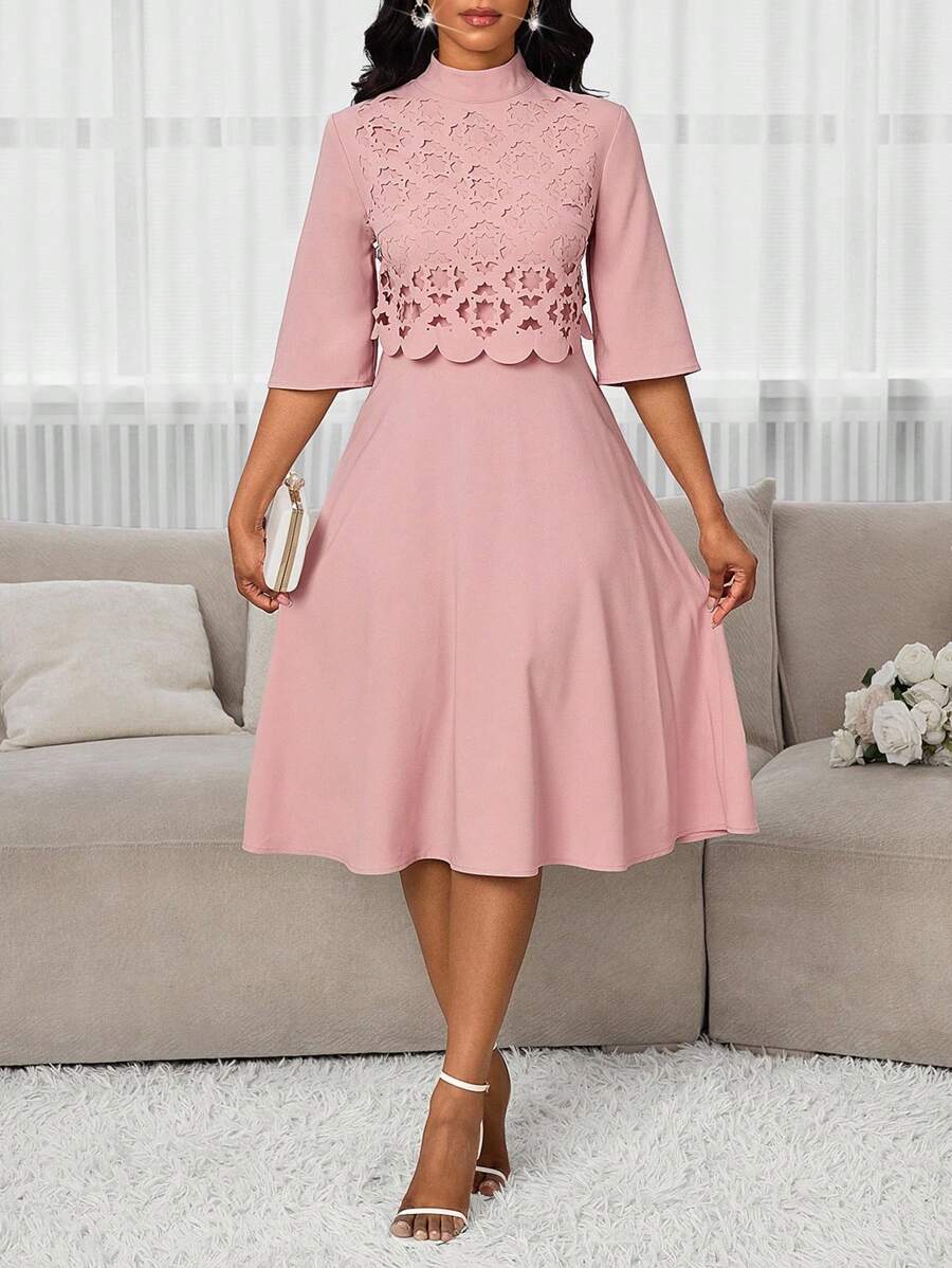 SHEIN Lady 女士纯色镂空领优雅中长连衣裙