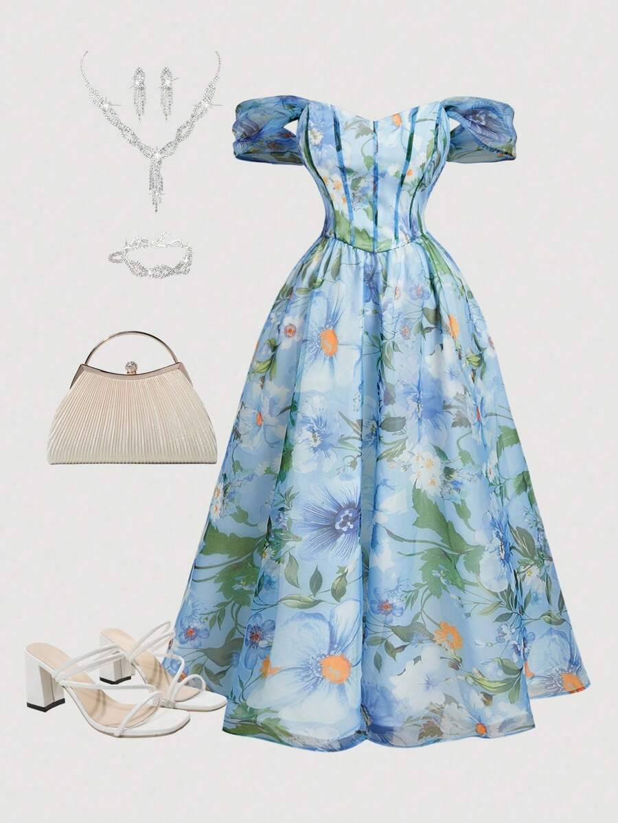 SHEIN MOD 加大码蓝色花卉数码印花露肩中长连衣裙，宫廷风格。女士夏装。花园派对礼服，女士生日礼服，女士节日服装，女士连衣裙 - 彩色 - 查看 1