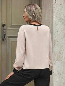 EMERY ROSE Contrast Trim Keyhole Back Blouse,Long Sleeve Tops - Apricot - View 2
