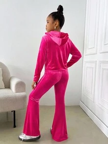 2pcs/Set Sweatshirt Nyaman Motif Glitter Rhinestone Beludru untuk Remaja Perempuan, Pakaian Musim Gugur Hangat Serbaguna untuk Remaja Perempuan di Musim Gugur dan Musim Dingin - Hot Pink - View 2