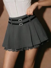 SHEIN Unity Elegante gonna midi romantica da appuntamento con doppia vita, orlo in pizzo e volant plissettati, gonna da fata - Grigio - Visualizzare 4