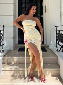 NegzBox 褶饰高开叉抹胸紧身连衣裙，优雅