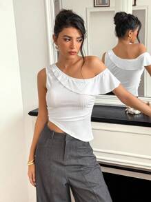 Roylia Country Concert Back To School Women's Fashion Lightweight Knit Asymmetrical Neck Ruffle Trim Fitted Blouse Asymmetrical Neck Top All White - White - View 5