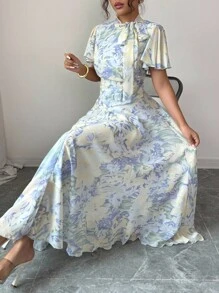 Modelyn Váy xòe cổ bèo buộc eo tay bồng cho nữ - Màu xanh lam - Xem 3