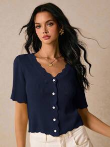 Poéselle Women's Solid Color Curved Hem Short Sleeve Single-Breasted Casual Knit Top,Fall Clothes For Women