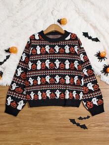 SHEIN Unity Women's Black Halloween Pumpkin & Ghost Long-Sleeve Sweater. Cute And Comfy. Fits For Fall/Winter. - Multicolor - View 6