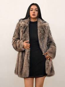 SHEIN Tall 女式纯色简约长袖仿皮草夹克，日常穿着棕色皮草大衣秋冬女装 - 棕色 - 查看 6