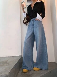 DAZY 女式韩版亮片装饰宽松牛仔裤 - 藍色 - 查看 7