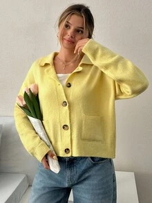 EURMUSE Women Butter Yellow Button Polo Neck Cardigan,Long Cardigans Woman,Petite Cardigans,Cardigans - Yellow - View 7