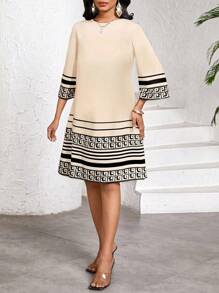 SHEIN Lady 女式格子印花圆领优雅中长连衣裙 - 彩色 - 查看 3