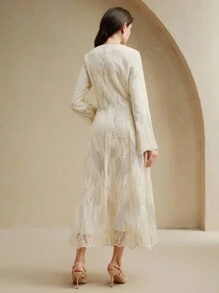 Anewsta 优雅不对称刺绣长袖收腰圆领连衣裙，秋季 - 杏色 - 查看 2