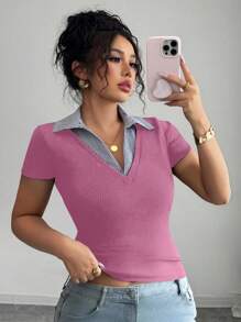 Elenzga Áo thun nữ tay ngắn cổ bẻ màu tương phản thanh lịch cỡ lớn, thiết kế thời trang đa năng, thời trang thường ngày, mẫu mới xuân/hè 2025 - Nhiều màu - Xem 3