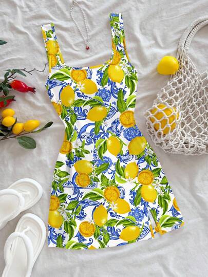 Soleia Casual Vacation Style Blue Paisley & Yellow Lemon Print Pattern U-Neck Backless Mini Dress For Women, Suitable For Summer, Beach & Resort Lemon Dress Women,Casual Dresses For Women Chic Dress