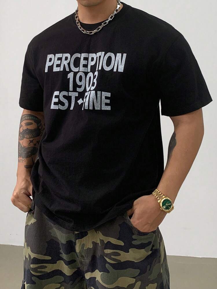 Men's Letter Print Street Style Black T-Shirt, Summer