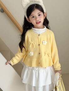 SHEIN Young Girl Casual Cardigan With Bow & Floral Decor, Ruffle Hem Front Button Knit School To Cute Tops Graphic Yellow Cardigan Sweaters With Button For Spring, Fall/Winter - Yellow - View 2