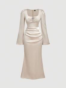 SHEIN MOD Váy đuôi cá tay Bishop cổ điển dành cho nữ, váy vải taffeta - Màu be - Xem 2