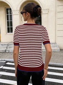 Serisse Vacation Casual Colorblock Striped Short Sleeve Knit Top Christmas Summer New Year Red Burgundy - Burgundy - View 2