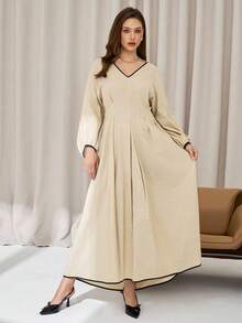 Auralis Plus-Size Women's Linen Dress, Puffed Sleeve Dress, Autumn Women's Casual Dress, Plus-Size Autumn Dress, Women's Autumn Dress Fall Clothes For Women Dresses For Women Casual Fall Women Clothes Casual Dresses - Apricot - View 5