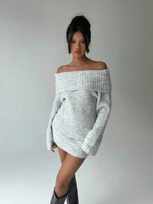 Aloruh 灰色露肩高领长袖迷你毛衣裙，上衣宽松下装紧身，适合年轻女士，秋冬 - 灰色 - 查看 2