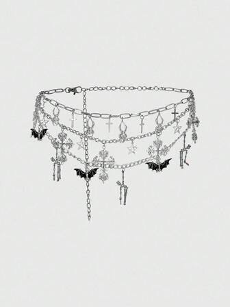 1 Stück Silber & Schwarz Fledermaus, Totenkopf, Kreuz Dekor 3-lagiger Ketten Gürtel, Gothic & Elegant Taillenkette Accessoire, geeignet für Kleider, Halloween, alltäglichen Gebrauch