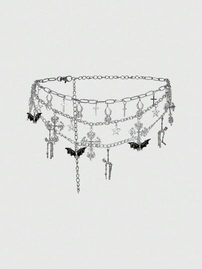 Goth 1 pieza Cinturón de mujer de 3 cadenas con decoraciones de murciélago, cráneo y cruz en plata y negro, accesorio gótico y elegante de cadena para la cintura, adecuado para vestidos, Halloween y uso diario