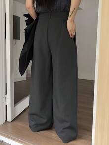 DAZY 女士宽松口袋阔腿裤，休闲街头风西装裤，秋冬商务装 - 深灰色 - 查看 2