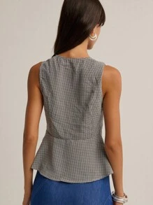 Nöista The Sleeveless Top Is Made Of Black And White Fine Plaid Fabric, Which Looks Exquisite And Retro. Whether It Is Commuting Or Going Out For Leisure, It Can Be Paired With A Denim Skirt, A Half Skirt Or High-Waisted Trousers To Show An Intellectual And Energetic Atmosphere. The Unique Knotted Lace-Up Design At The Waist Not Only Tightens The Waist And Highlights The Beautiful Curves, But Is Also The Highlight Of The Overall Shape. - Black and White - View 2