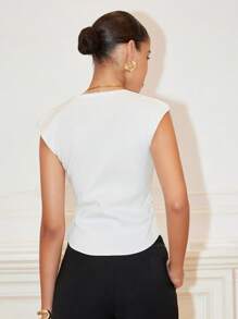 Chiquease Áo dệt kim lệch vai xếp ly cổ điển dành cho nữ, Xuân/Hè - trắng - Xem 2