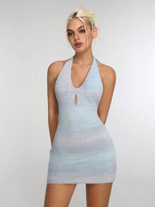 Flirla Women's Ombre Hollow Design Halter Neck Fitted Knit Dress - Baby Blue - View 4