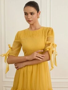 Chiquease Women's Pleated Chiffon Tie-Waist Midi Dress, Flowy Swing Skirt, Suitable For Summer, Music Festival, Beach, Holiday, Teacher Club, Cute - Yellow - View 5
