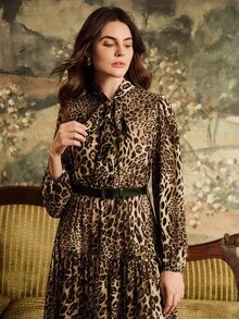 Anewsta 优雅女士长袖豹纹雪纺撞色蕾丝连衣裙，秋冬 - 彩色 - 查看 5