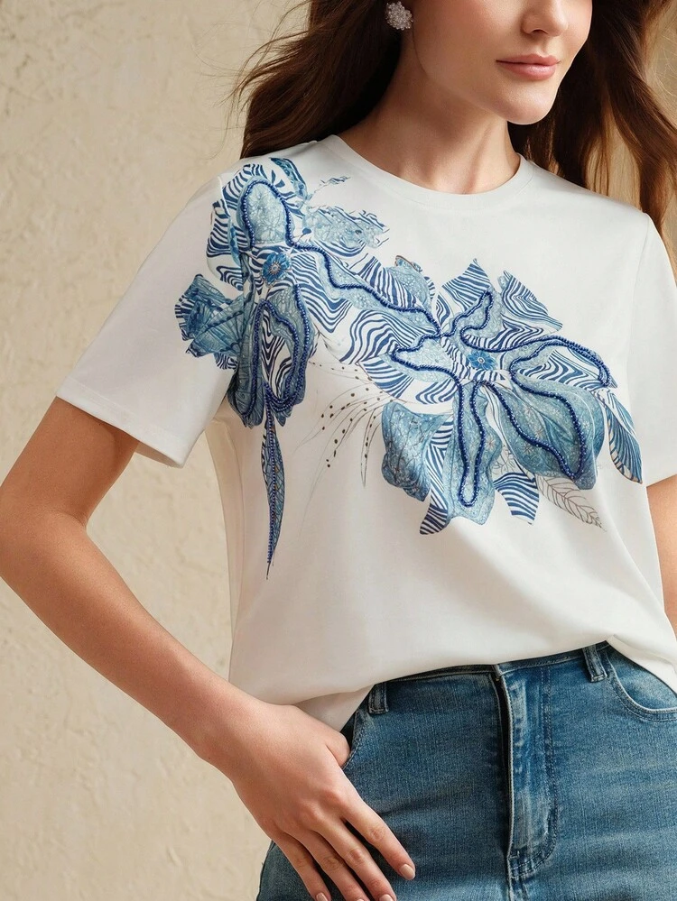 Women's Fashion Luxury Casual Embroidered Beaded Print Short Sleeve Round Neck White Top, Casual Blouses For Women, Spring To Summer