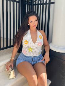 NegzBox Cute Crocheted Flower Neck Decor Blouse, Vacation Style - White - View 6