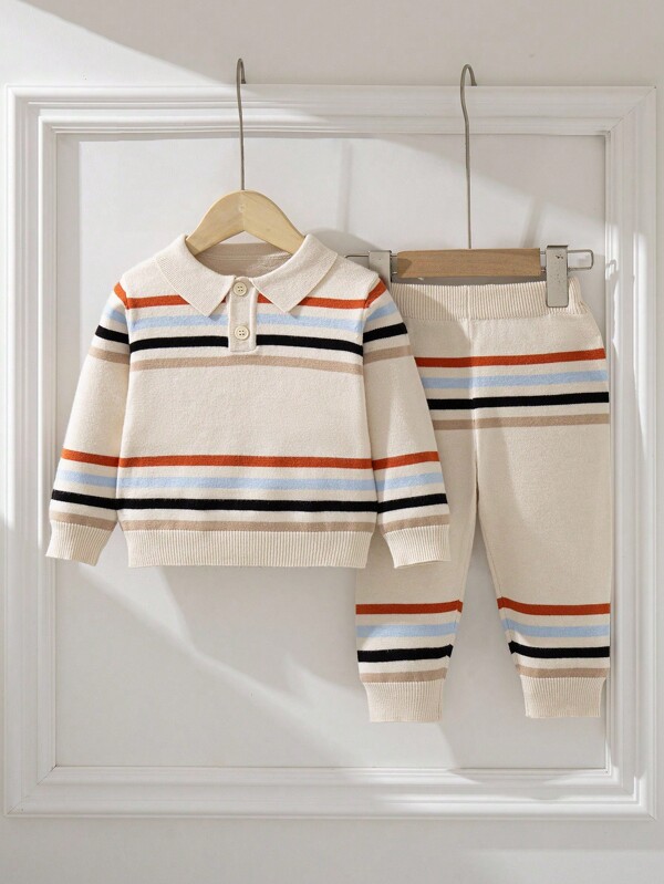 Souflis Souflis Baby Boy Pumpkin Color Contrast Striped Polo Sweater And Knit Pants Set, Suitable For Halloween And Christmas
