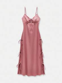 Maija Damen Fuchsia Kleid mit Schlitz an der Seite, Leinen, Schleife, Spaghettiträger, Frühling/Sommer, ärmelos, verstellbare Träger, moderat elegant, vielseitig, bequemes Design, geeignet für Konzerte, Pendeln, gesellige Anlässe