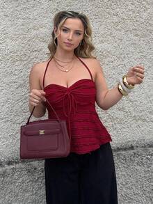 Jeta Ari Top de tirantes de cuello halter de unicolor con cordón frontal central para mujer - Burdeos - Ver 6